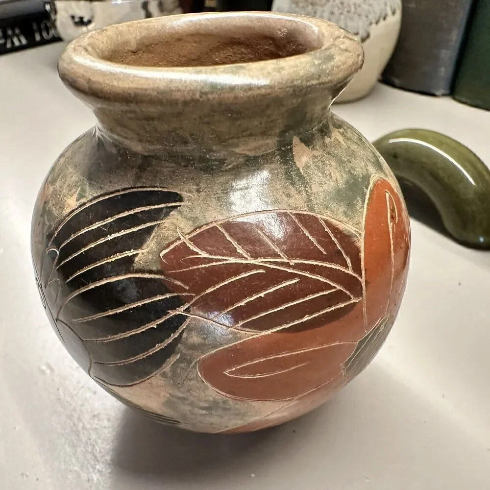 Vintage Costa Rica Art Pottery Vase Bird Flower Cut Away Design Hand-painted 4